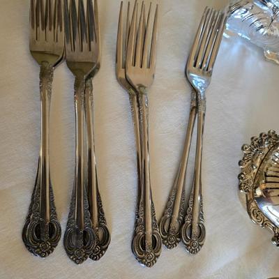 National stainless Japan flatware set - cream pitcher - candle sticks by Avon - and a beautiful metal covered butter dish