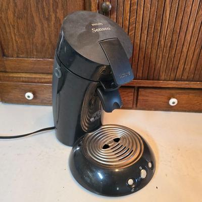 Philips Senseo coffee pod machine. - large white mug and a vintage Pioneer Seed advertising vacuum carafe