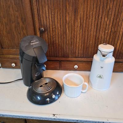 Philips Senseo coffee pod machine. - large white mug and a vintage Pioneer Seed advertising vacuum carafe