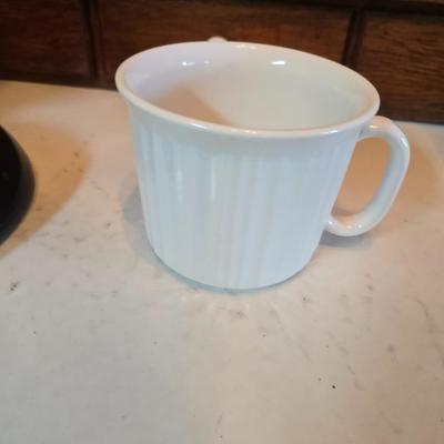 Philips Senseo coffee pod machine. - large white mug and a vintage Pioneer Seed advertising vacuum carafe