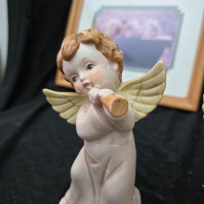 Angel figures with two framed Anne Geddes framed wall art pictures