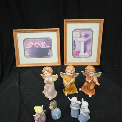 Angel figures with two framed Anne Geddes framed wall art pictures