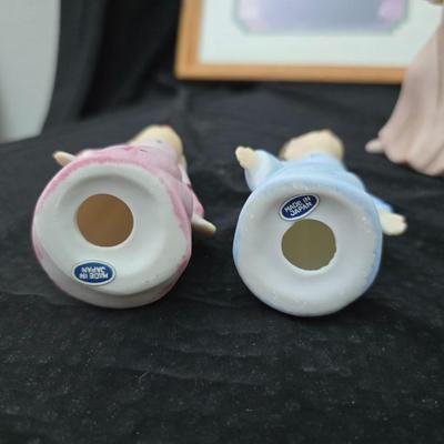 Angel figures with two framed Anne Geddes framed wall art pictures