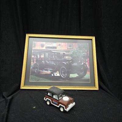 Vintage Tootsie Toy Land Rover diecast toy car. with framed picture of a 1920 Pierce-Arrow Series 51 Enclosed Limousine - Woodrow Wilson