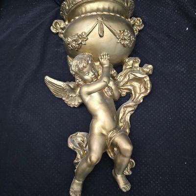Homco Dart wall sconce with a smoked mirror and a gold-toned plastic frame. with angels - gold cherub or putto.wall art and vintage gold...