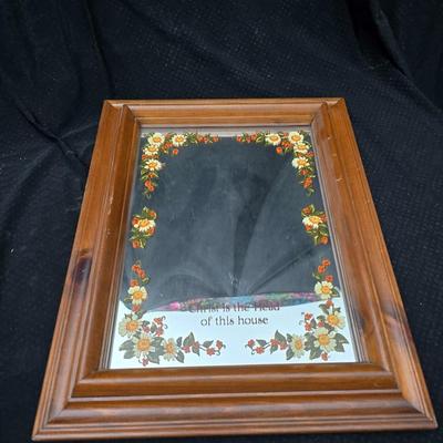Framed cross-stitch "Footprints in the Sand" Mirror that reads, "Christ is the Head of this house" and glass two vases