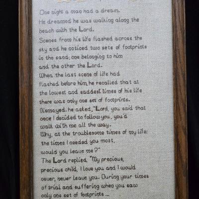 Framed cross-stitch "Footprints in the Sand" Mirror that reads, "Christ is the Head of this house" and glass two vases