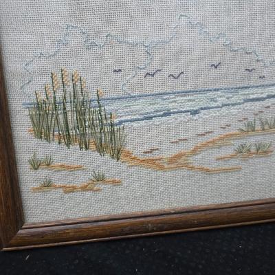 Framed cross-stitch "Footprints in the Sand" Mirror that reads, "Christ is the Head of this house" and glass two vases