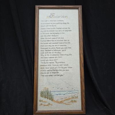 Framed cross-stitch "Footprints in the Sand" Mirror that reads, "Christ is the Head of this house" and glass two vases