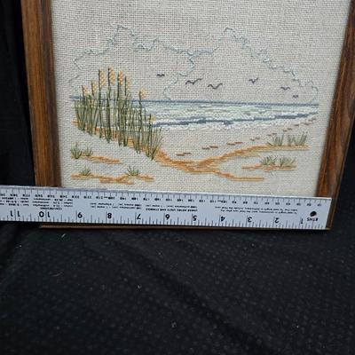 Framed cross-stitch "Footprints in the Sand" Mirror that reads, "Christ is the Head of this house" and glass two vases