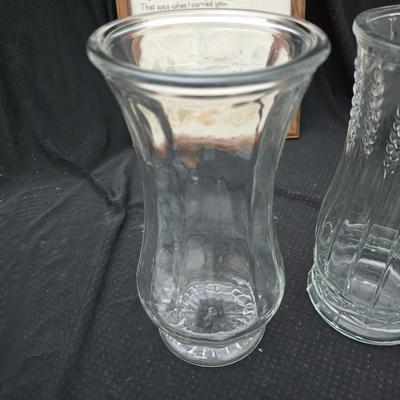 Framed cross-stitch "Footprints in the Sand" Mirror that reads, "Christ is the Head of this house" and glass two vases