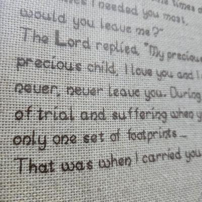 Framed cross-stitch "Footprints in the Sand" Mirror that reads, "Christ is the Head of this house" and glass two vases