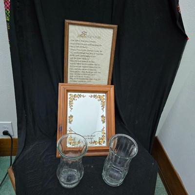 Framed cross-stitch "Footprints in the Sand" Mirror that reads, "Christ is the Head of this house" and glass two vases