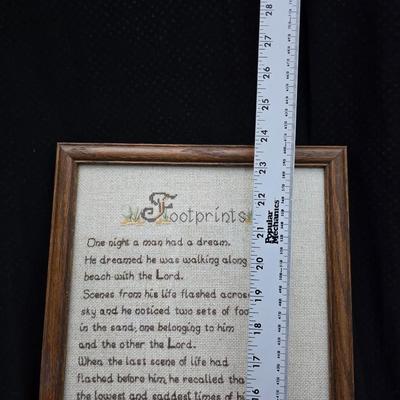 Framed cross-stitch "Footprints in the Sand" Mirror that reads, "Christ is the Head of this house" and glass two vases