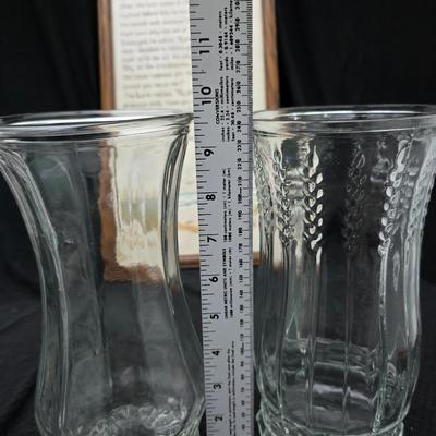 Framed cross-stitch "Footprints in the Sand" Mirror that reads, "Christ is the Head of this house" and glass two vases