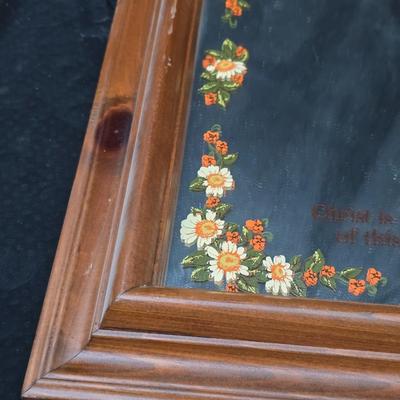Framed cross-stitch "Footprints in the Sand" Mirror that reads, "Christ is the Head of this house" and glass two vases