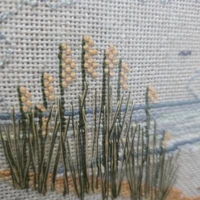 Framed cross-stitch "Footprints in the Sand" Mirror that reads, "Christ is the Head of this house" and glass two vases