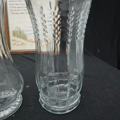 Framed cross-stitch "Footprints in the Sand" Mirror that reads, "Christ is the Head of this house" and glass two vases