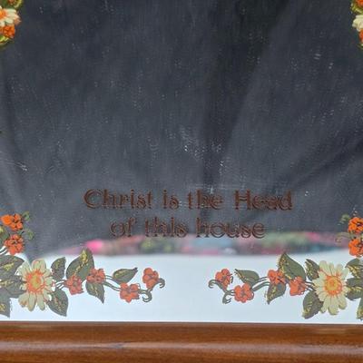 Framed cross-stitch "Footprints in the Sand" Mirror that reads, "Christ is the Head of this house" and glass two vases