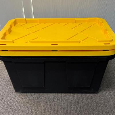 Sale Photo Thumbnail #127: Black and yellow heavy duty stackable 27 gallon storage bins by Greenmade. Very clean, near-new condition.