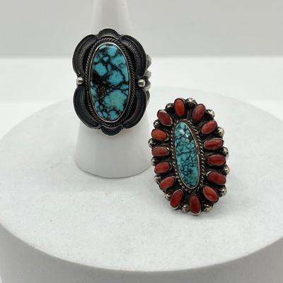 LOT 44: Sterling Silver Signed Native American Turquoise Rings - 20.3 GTW