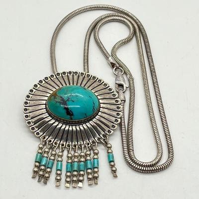 LOT 45: Sterling Silver Native American Turquoise Pendant on 17" Necklace - 15.4 GTW
