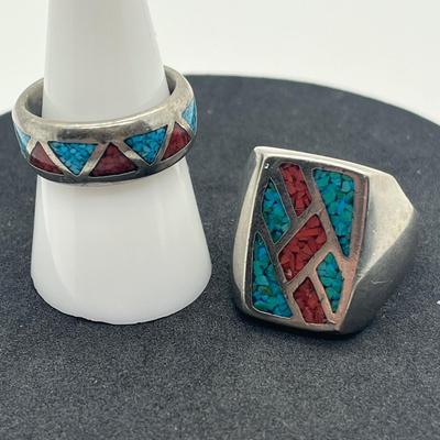 LOT 50: Sterling Silver Southwest Turquoise and Coral Rings - 19.5 GTW