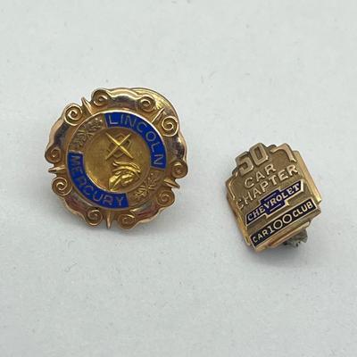 LOT 54: 10K Yellow Gold Chevrolet Car Club Pin (2.1 GTW) + Gold Filled Lincoln Mercury Pin