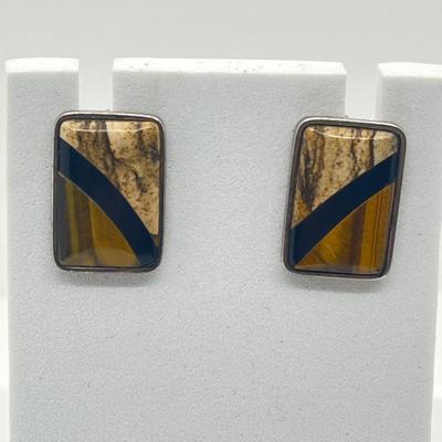 LOT 57: Desert Rose Trading Co. Rectangular Tiger's Eye and Picture Jasper Inlay 925 Earrings - 9.3 GTW