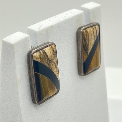 LOT 57: Desert Rose Trading Co. Rectangular Tiger's Eye and Picture Jasper Inlay 925 Earrings - 9.3 GTW