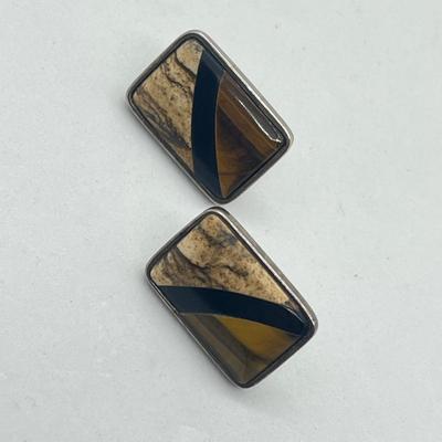 LOT 57: Desert Rose Trading Co. Rectangular Tiger's Eye and Picture Jasper Inlay 925 Earrings - 9.3 GTW