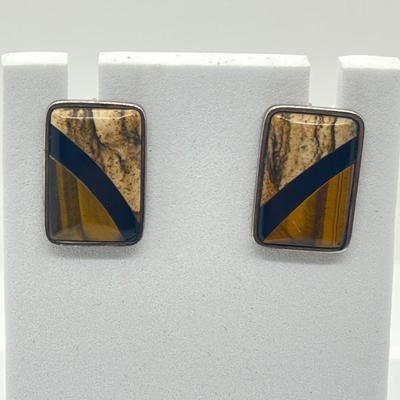 LOT 57: Desert Rose Trading Co. Rectangular Tiger's Eye and Picture Jasper Inlay 925 Earrings - 9.3 GTW