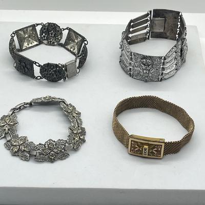 LOT 67: Antique Panel Bracelet (Circa 1920's), Vintage Filigree and Crystal Bracelet and More