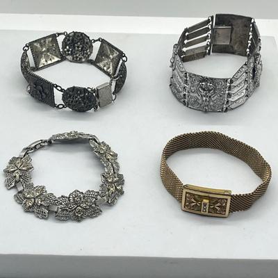 LOT 67: Antique Panel Bracelet (Circa 1920's), Vintage Filigree and Crystal Bracelet and More