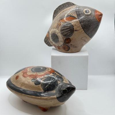 LOT 102: Folk Art Pottery Pieces - one signed