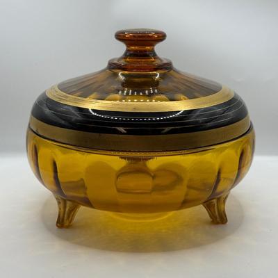 LOT 103: Hand Painted Vintage Chinese “Thousand Flower” Vase & Amber Glass Lidded Footed Candy Dish
