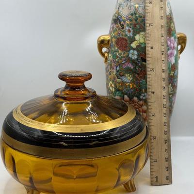 LOT 103: Hand Painted Vintage Chinese “Thousand Flower” Vase & Amber Glass Lidded Footed Candy Dish