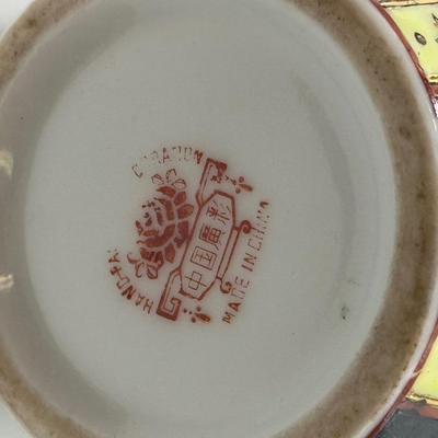 LOT 103: Hand Painted Vintage Chinese “Thousand Flower” Vase & Amber Glass Lidded Footed Candy Dish circa 1950-1960s