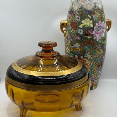 LOT 103: Hand Painted Vintage Chinese “Thousand Flower” Vase & Amber Glass Lidded Footed Candy Dish