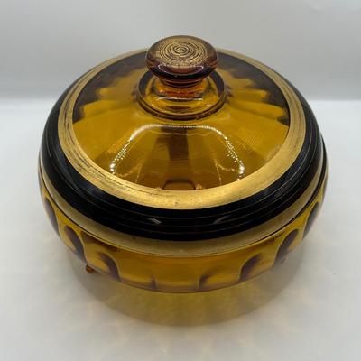LOT 103: Hand Painted Vintage Chinese “Thousand Flower” Vase & Amber Glass Lidded Footed Candy Dish