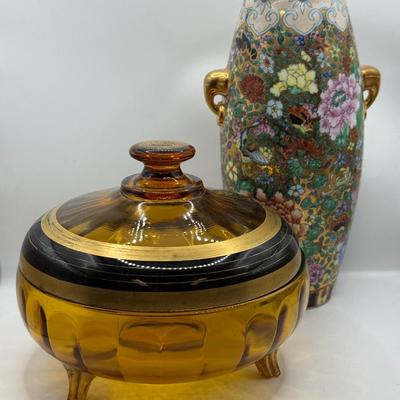 LOT 103: Hand Painted Vintage Chinese “Thousand Flower” Vase & Amber Glass Lidded Footed Candy Dish