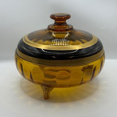 LOT 103: Hand Painted Vintage Chinese “Thousand Flower” Vase & Amber Glass Lidded Footed Candy Dish