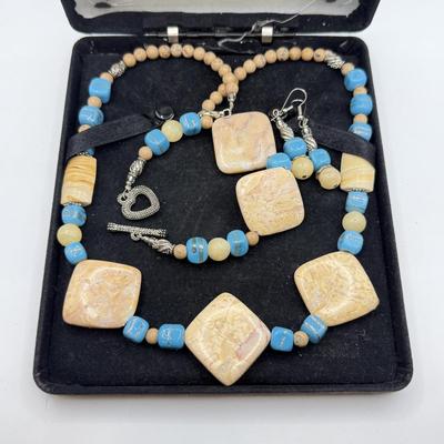 LOT 104: 21” Stone Necklace w/ 8” Heart Closure Bracelet & Drop Earrings