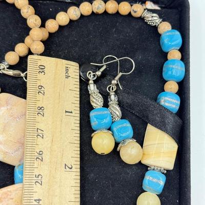 LOT 104: 21” Stone Necklace w/ 8” Heart Closure Bracelet & Drop Earrings