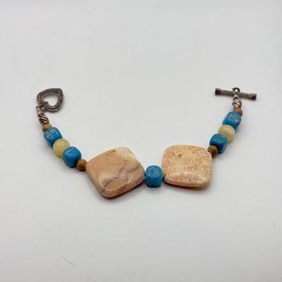 LOT 104: 21” Stone Necklace w/ 8” Heart Closure Bracelet & Drop Earrings