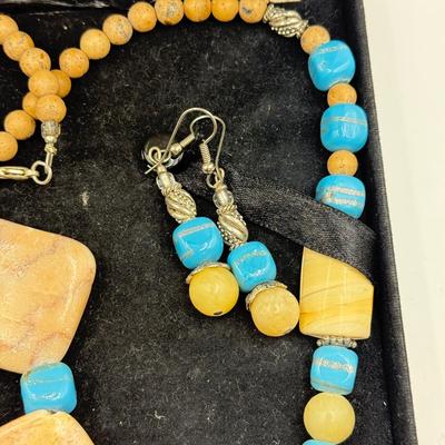 LOT 104: 21” Stone Necklace w/ 8” Heart Closure Bracelet & Drop Earrings