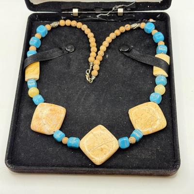 LOT 104: 21” Stone Necklace w/ 8” Heart Closure Bracelet & Drop Earrings