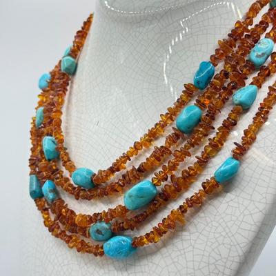 LOT 105: Amber & Turquoise 16” Multi-Strand Necklace w/ Matching Wire Bracelet - 100g