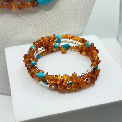 LOT 105: Amber & Turquoise 16” Multi-Strand Necklace w/ Matching Wire Bracelet - 100g