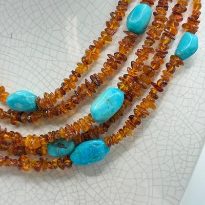 LOT 105: Amber & Turquoise 16” Multi-Strand Necklace w/ Matching Wire Bracelet - 100g